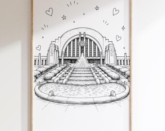 Union Terminal Print | Cincinnati Museum Center Wall Art | Cincinnati Landmark Printable | Whimsical Black & White Line Art | Ohio Digital