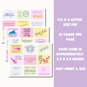 May include: A printable sheet of 12 motivational quote cards, each measuring 3.4 x 2.6 inches. The cards feature a variety of colors and designs, including pink, yellow, and blue. The quotes are printed in black text and include phrases like "I come back stronger than a 90's trend" and "A diamond's gotta shine".