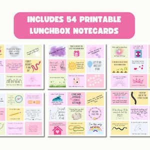 May include: A set of 54 printable lunchbox notecards with inspirational quotes and illustrations. The cards feature a variety of colors and designs, including pink, yellow, blue, and green. The quotes are positive and encouraging, such as "Don't you worry your pretty little mind" and "I come back stronger than a 90's trend".