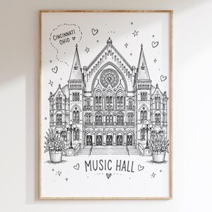 Ilustración de estilo fantasioso del Cincinnati Music Hall, descarga digital, arte local de Cincinnati, arte emblemático de Ohio.
