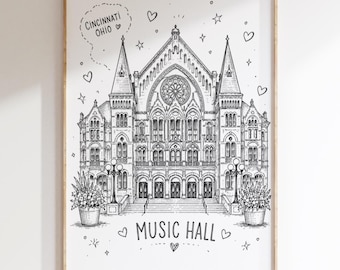 Cincinnati Music Hall Whimsical Doodle Illustration, Digital Download, Cincy Local Art, Ohio Landmark Art
