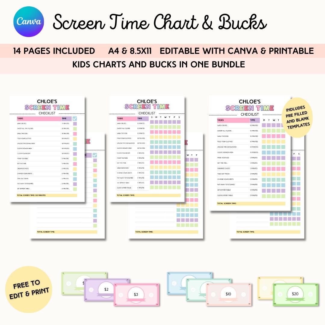 Editable Screen Time Chart, Printable Screen Reward Bucks, Reward Chart ...
