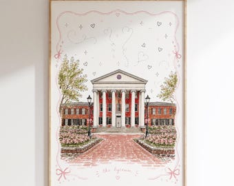 Whimsical Lyceum Print | Ole Miss Wall Art | University of Mississippi Dorm Decor | Feminine Campus Sketch | Coquette College Decor | Oxford