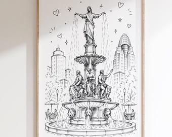 Fountain Square Print | Cincinnati Wall Art | Tyler Davidson Fountain Sketch | Whimsical Cincinnati Decor | Black & White Line Art | Ohio