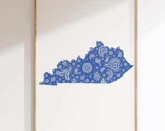 Kentucky Wall Art, Blue Bandana Print, Kentucky Dorm Decor, Paisley Wall Art, Blue and White College Apartment Decor