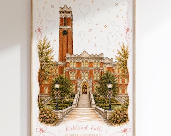 Whimsical Kirkland Hall Print, Vanderbilt University Wall Art, Pink College Campus Decor, Dorm Room Printable Art, Nashville College Gift