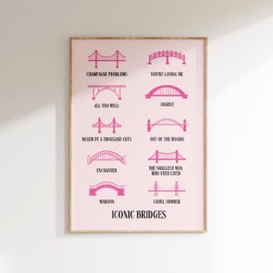 Peut inclure: Une affiche rose et blanche avec le titre "Iconic Bridges" et des illustrations de ponts avec des titres de chansons sous chaque pont. Les titres des chansons incluent "Champagne Problems", "You're Losing Me", "All Too Well", "August", "Death by a Thousand Cuts", "Out of the Woods", "Enchanted", "The Smallest Man Who Ever Lived", "Maroon", et "Cruel Summer".