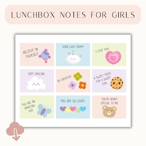 Può includere: Un foglio di bigliettini colorati per il pranzo per ragazze. Ogni bigliettino presenta un design e un messaggio diversi, tra cui un cuore, un biscotto, un orso e una nuvola. I bigliettini sono in colori pastello e contengono frasi come "Ti amo" e "Sii creativo".