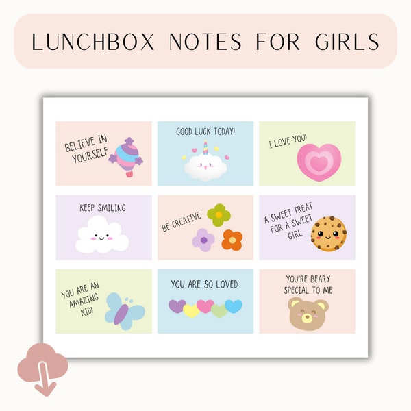 Lunch Box Notes for Kids, Lunchbox Notes For Girls, Positive Affirmations, Encouraging Notes For Kids, Instant Download Lunch notes