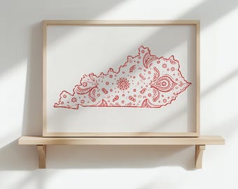 Louisville Kentucky Wall Art, Red Paisley Kentucky Print, Bandana Wall Art, Kentucky Dorm Decor, Red and White College Decor