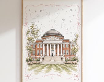 Whimsical Grawemeyer Hall Print | University of Louisville Wall Art | Louisville College Dorm Decor | Feminine Campus Sketch | Pink Coquette