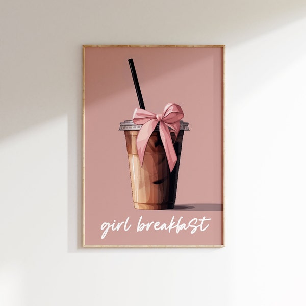 Whimsical Iced Coffee Poster Art Print for Coquette Girls, Cubicle Decor