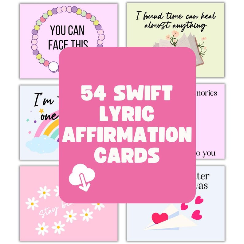 May include: A set of 54 pink affirmation cards featuring lyrics from Taylor Swift songs. The cards have a variety of colorful illustrations and designs, including a rainbow, a cloud, a paper airplane, and flowers.