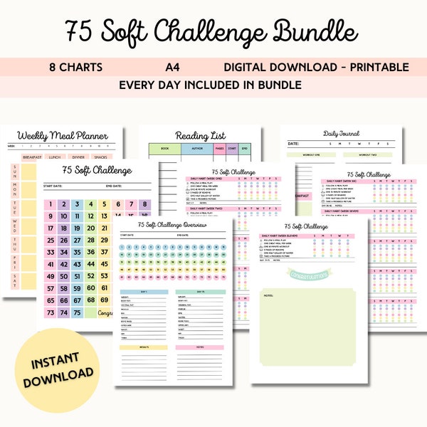 75 soft challenge tracker printable editable,Soft challenge 75, 75 easy challenges,75 soft editable planner, 75 soft challenge bundle