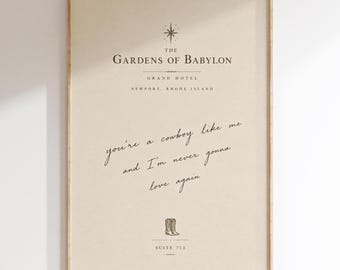 Cowboy Like Me Inspired Vintage Hotel Stationery Print | Gardens of Babylon Grand Hotel | Neutral Literary Wall Art | Digital Download