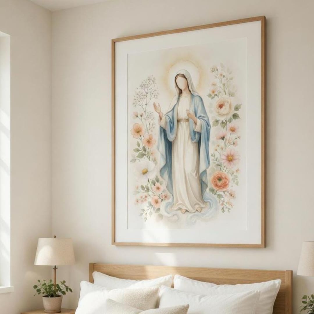 Virgin Mary Watercolor Print | Our Lady of Grace Floral Wall Art ...