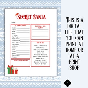 Co-worker Secret Santa Questionnaire, Office Secret Santa, Printable ...