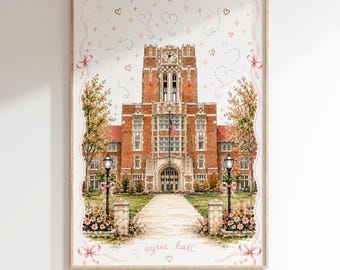 Whimsical Ayres Hall Print | University of Tennessee Wall Art | UT Knoxville Dorm Decor | Feminine Campus Sketch | Tennessee Vols Gift