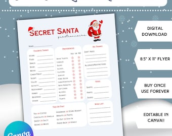May include: A white Secret Santa questionnaire flyer measuring 8.5 inches by 11 inches. The document features a cartoon Santa Claus, red text, and sections for favorite things, preferences, no thanks, sizes, this or that, and a wish list.