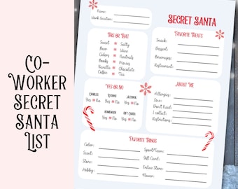May include: A printable Secret Santa list in white with red details. The list includes sections for favourite treats, preferences, and personal information. The title "Co-Worker Secret Santa List" is displayed in a decorative font.