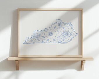 Kentucky Wall Art Print, Blue Paisley Kentucky Decor, Bandana Print, Kentucky Dorm Decor, Blue and White College Wall Art