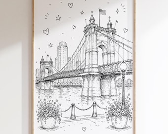 Roebling Bridge Print | Cincinnati Wall Art | Whimsical Cincinnati Decor | Black & White Line Art | Digital Download | Ohio Gift