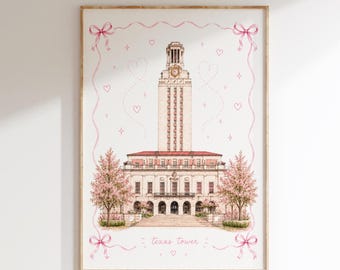Whimsical Texas Tower Print | University of Texas Austin Dorm Decor | Pink Doodle Campus Art | Freshman College Acceptance Gift | Sorority
