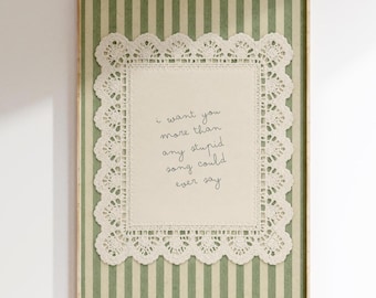 Olivia Stupid Romantic Handwritten Quote Print | Vintage Lace Wall Art | Green Stripe Cottagecore Decor | Coquette Bedroom Printable