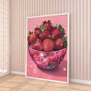 Disco Strawberries Art Print, Wall Art Poster, Glam Disco Ball Bowl of Red Strawberries, Preppy, Trendy, Dorm Decor, Printable, Vanilla Girl
