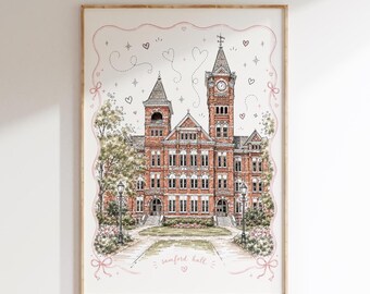 Whimsical Samford Hall Auburn University Print | Auburn Dorm Decor | Doodle Campus Art | Freshman College Acceptance Gift | Sorority Room