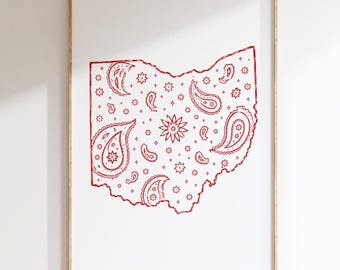 Ohio Wall Art Print, Red Paisley Ohio Decor, Bandana Wall Art, Ohio Dorm Decor, Red and White College Apartment Print