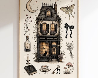 Whimsigoth Wall Art | Black Cat Bookshop Print | Cozy Witch Decor | Dark Cottagecore Print | Enchanted Bookshop Art | Mystical Home Decor
