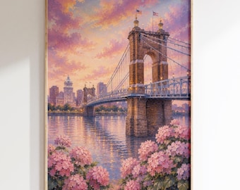 Cincinnati Roebling Bridge Print | Pink Sunset Cincinnati Wall Art | Cincinnati Skyline Decor | Ohio River Artwork | Feminine Cityscape