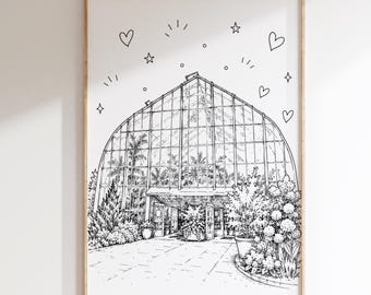 Krohn Conservatory Print | Cincinnati Botanical Garden Wall Art | Cincinnati Landmark Printable | Whimsical Black & White Line Art | Ohio