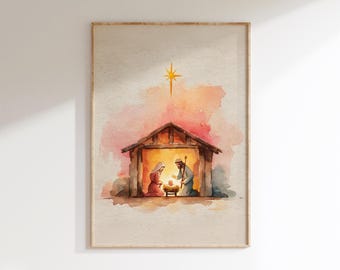 Watercolor Nativity Scene Print, Christmas Manger Artwork, Holy Family Stable Painting, Holiday Wall Art, Modern Christian, Peaceful Art