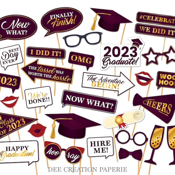 Graduation Photo Booth Printable Props - Class of 2023, Instant Download Graduation Photo Booth Props 2023, Burgundy Graduation Party Decor