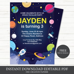 Outer Space Kids Birthday Invitations, Solar System Kids Birthday, Space Birthday Invitation, Planet Birthday, Rocket Ship, Instant download