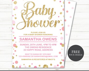 Puede incluir: Invitación a baby shower rosa y dorada con confeti y purpurina. La invitación dice "Baby Shower" en letras doradas con purpurina e incluye el texto "Por favor, únase a nosotros para una baby shower en honor a Samantha Owens".