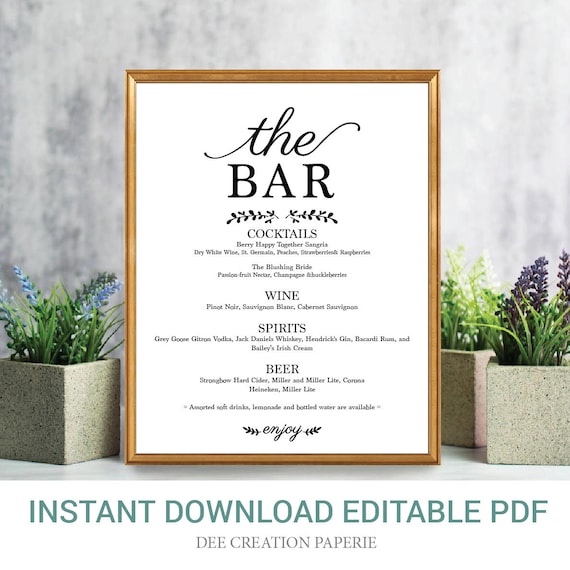 Editable Bar Menu Sign Editable Sign Drinks Menu Sign | Etsy