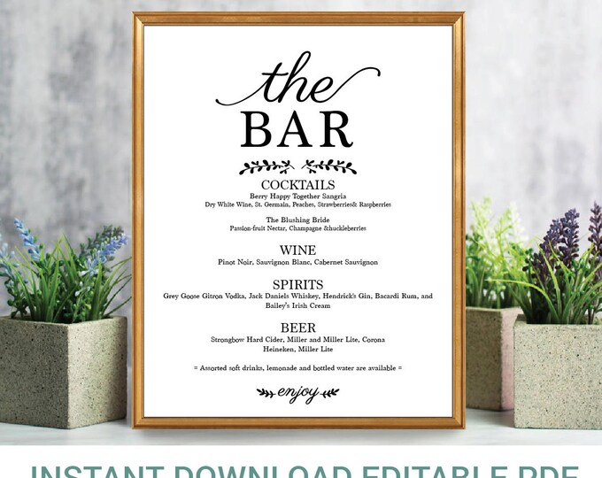 Editable Bar Menu Sign | Editable Sign | Drinks Menu Sign | Reception ...