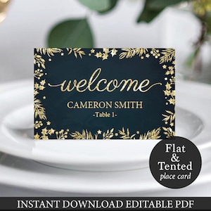 Cartões de lugar florais editáveis com brilho dourado para casamento, cartões de lugar para impressão, cartões de lugar de casamento, modelo de cartão de renda, download instantâneo em PDF