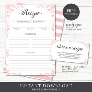 Recipe cards printable, Floral Recipe Template, Recipe Cards, recipes for bride, shower recipe cards, DIY Recipe Cards, INSTANT DOWNLOAD