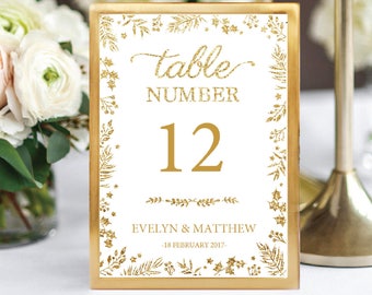 Printable Gold Glitter Floral Wedding Table Numbers, Printable Table Numbers, Editable Table, 5x7 Table Number Signs, INSTANT DOWNLOAD