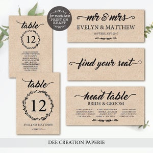 Gráfico de asientos de boda, plantilla de plano de asiento, tarjetas de asientos de boda, tarjetas de mesa, papel Kraft rústico, número de mesa de corona, plantilla editable