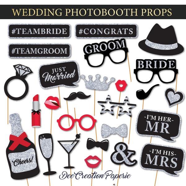 Printable Wedding Photobooth Props - Glam Wedding Photo Booth Props - Bachelorette Party Props -  Instant Download - Silver Glitter Wedding