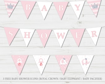 Banner de baby shower rosa imprimible, baby shower de rayas rosas con brillo plateado, baby shower de niña, bebé real, banner imprimible, DESCARGA INSTANTÁNEA