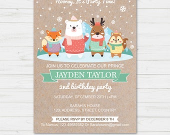 Winter Woodland Animals Birthday Invitation | Forest Animals | Winter Baby Shower | Gender Neutral Invite | Woodland | Rustic Kraft Paper