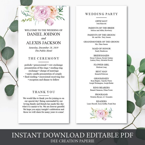 Floral Gold Geometric Printable Program Card Garden Wedding Etsy