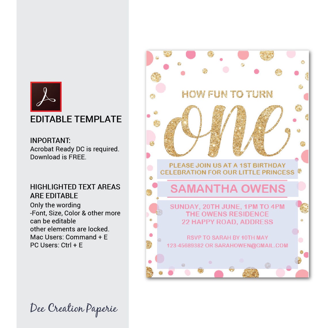Printable ONE Invitation 1st Birthday Party Invitation Girl First Birthday Gold Glitter Polka ...