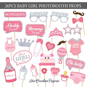 Printable Silver Baby Girl Shower Photobooth Props -Baby Girl Photo Booth Props - Its a girl Party Props -Pink baby girl -  Instant Download